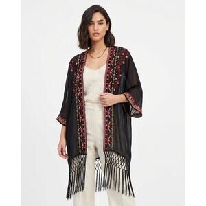 Vintage-Inspired Embroidered Sheer Kimono Macrame Fringe Black Red Gold Large